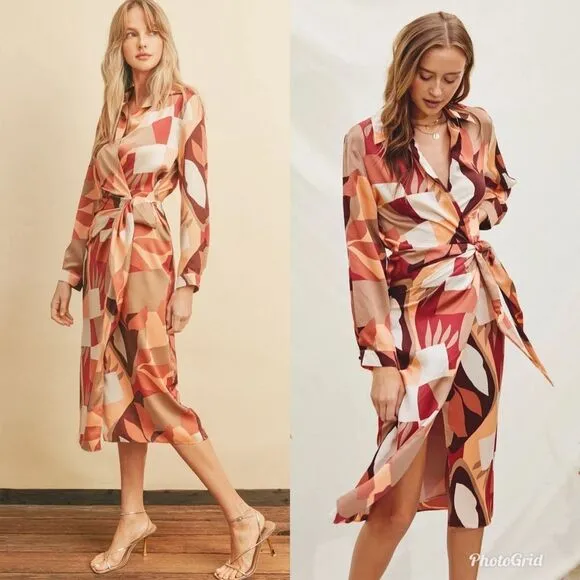 Revolve Anthropologie Dress Forum Satin Geometric Print Wrap Dress