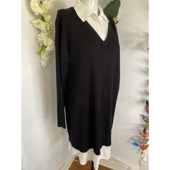Rio &amp; Rian Black Knit Midi Sweater‎ Sz L Dress with Button Down White Blouse NWT
