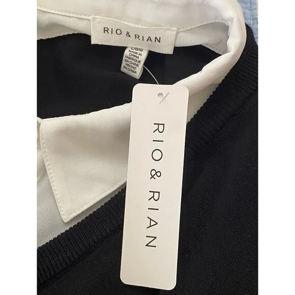 Rio &amp; Rian Black Knit Midi Sweater‎ Sz L Dress with Button Down White Blouse NWT