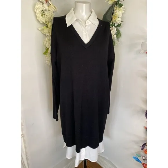 Rio &amp; Rian Black Knit Midi Sweater‎ Sz L Dress with Button Down White Blouse NWT