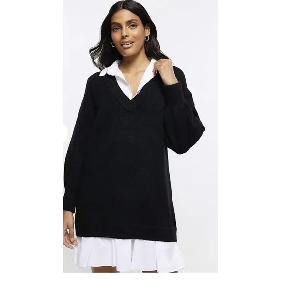 Rio &amp; Rian Black Knit Midi Sweater‎ Sz L Dress with Button Down White Blouse NWT