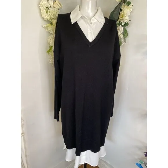 Rio &amp; Rian Black Knit Midi Sweater‎ Sz L Dress with Button Down White Blouse NWT