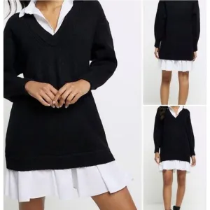 Rio &amp; Rian Black Knit Midi Sweater‎ Sz L Dress with Button Down White Blouse NWT