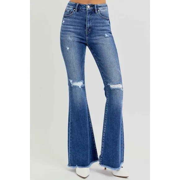 RISEN High Rise Distressed Raw Hem Flare Jeans