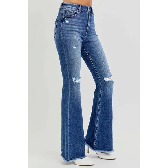 RISEN High Rise Distressed Raw Hem Flare Jeans