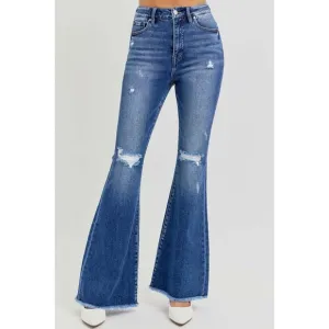RISEN High Rise Distressed Raw Hem Flare Jeans