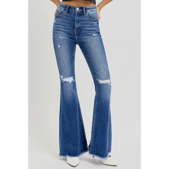 RISEN High Rise Distressed Raw Hem Flare Jeans