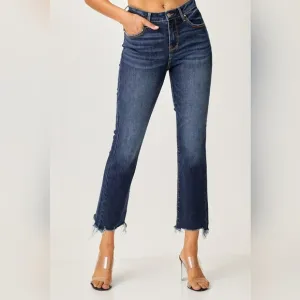 RISEN High-Rise Straight Leg Cropped Frayed Raw Hem Distressed Jeans Denim Pants