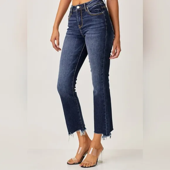 RISEN High-Rise Straight Leg Cropped Frayed Raw Hem Distressed Jeans Denim Pants