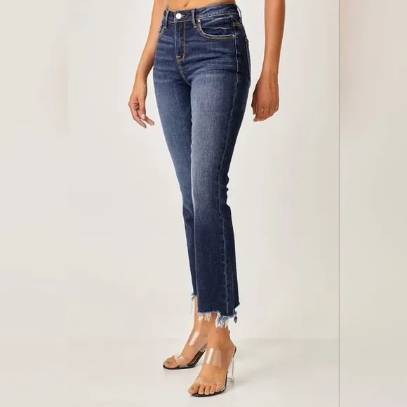 RISEN High-Rise Straight Leg Cropped Frayed Raw Hem Distressed Jeans Denim Pants