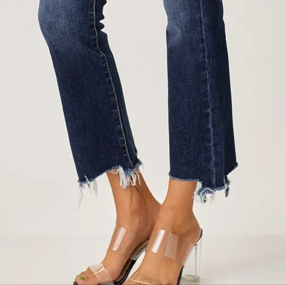 RISEN High-Rise Straight Leg Cropped Frayed Raw Hem Distressed Jeans Denim Pants