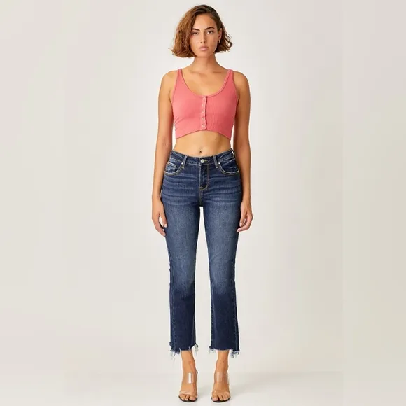 RISEN High-Rise Straight Leg Cropped Frayed Raw Hem Distressed Jeans Denim Pants