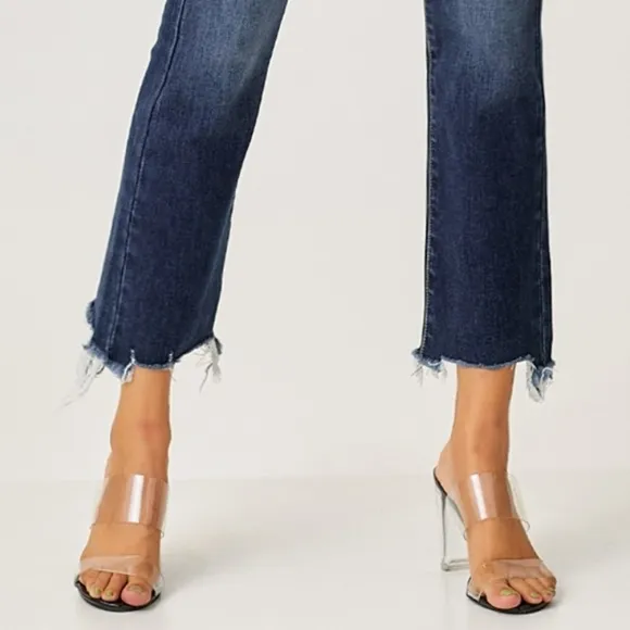 RISEN High-Rise Straight Leg Cropped Frayed Raw Hem Distressed Jeans Denim Pants
