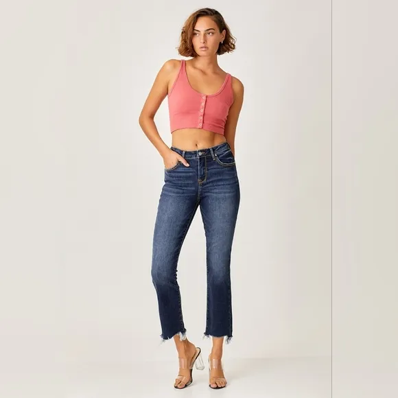 RISEN High-Rise Straight Leg Cropped Frayed Raw Hem Distressed Jeans Denim Pants