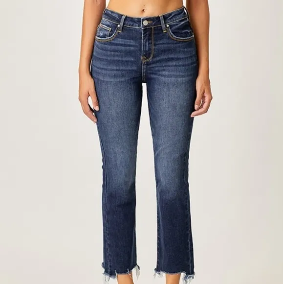 RISEN High-Rise Straight Leg Cropped Frayed Raw Hem Distressed Jeans Denim Pants