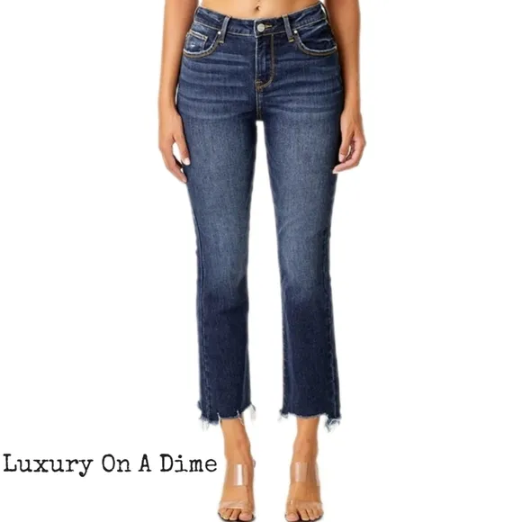 RISEN High-Rise Straight Leg Cropped Frayed Raw Hem Distressed Jeans Denim Pants