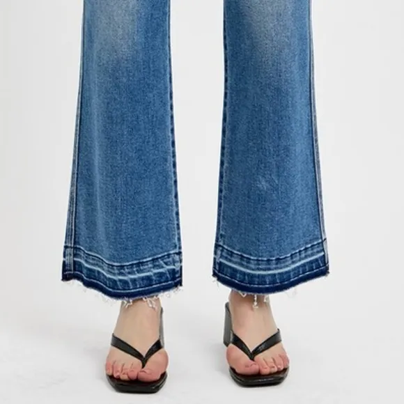 RISEN High-Rise Waist Bootcut Ankle Cut Mom Jeans Relaesed Raw Hem Denim Pants