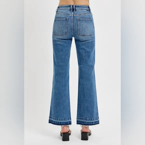 RISEN High-Rise Waist Bootcut Ankle Cut Mom Jeans Relaesed Raw Hem Denim Pants