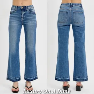 RISEN High-Rise Waist Bootcut Ankle Cut Mom Jeans Relaesed Raw Hem Denim Pants