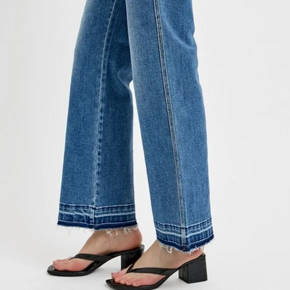 RISEN High-Rise Waist Bootcut Ankle Cut Mom Jeans Relaesed Raw Hem Denim Pants