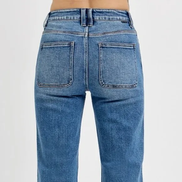 RISEN High-Rise Waist Bootcut Ankle Cut Mom Jeans Relaesed Raw Hem Denim Pants