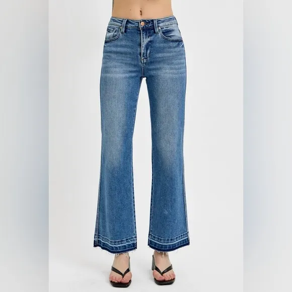 RISEN High-Rise Waist Bootcut Ankle Cut Mom Jeans Relaesed Raw Hem Denim Pants