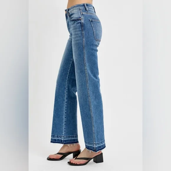 RISEN High-Rise Waist Bootcut Ankle Cut Mom Jeans Relaesed Raw Hem Denim Pants