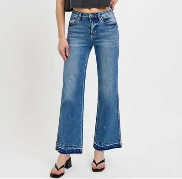 RISEN High-Rise Waist Bootcut Ankle Cut Mom Jeans Relaesed Raw Hem Denim Pants