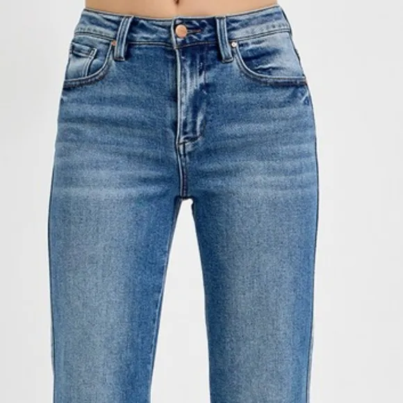 RISEN High-Rise Waist Bootcut Ankle Cut Mom Jeans Relaesed Raw Hem Denim Pants