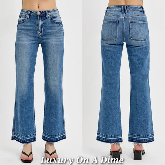 RISEN High-Rise Waist Bootcut Ankle Cut Mom Jeans Relaesed Raw Hem Denim Pants