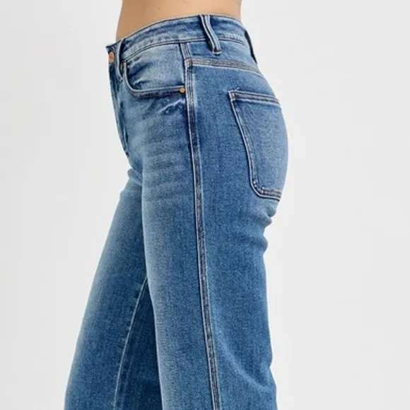 RISEN High-Rise Waist Bootcut Ankle Cut Mom Jeans Relaesed Raw Hem Denim Pants