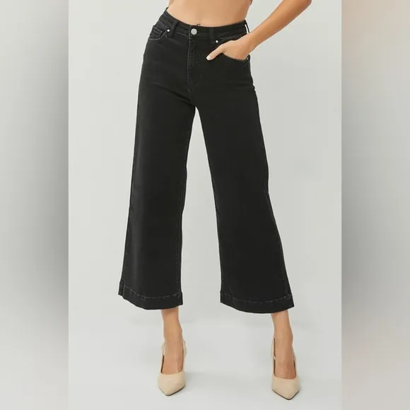 RISEN High-Rise Waist Pants Wide Leg Cropped Ankle Boyfriend Fit Denim Jeans