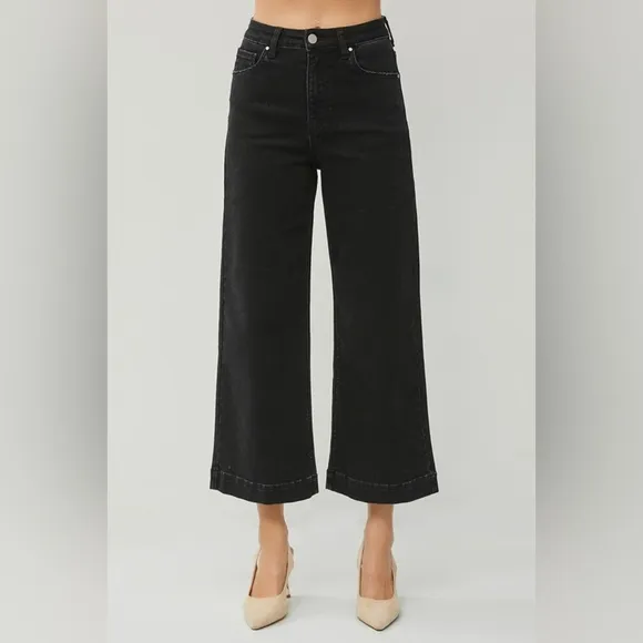 RISEN High-Rise Waist Pants Wide Leg Cropped Ankle Boyfriend Fit Denim Jeans
