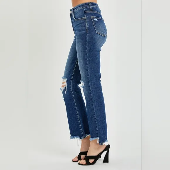 RISEN Slim High-Rise Waist Jeans Distressed Torn Raw Cut-Off Cropped Denim Pants