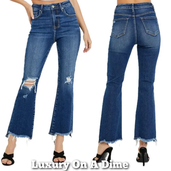 RISEN Slim High-Rise Waist Jeans Distressed Torn Raw Cut-Off Cropped Denim Pants