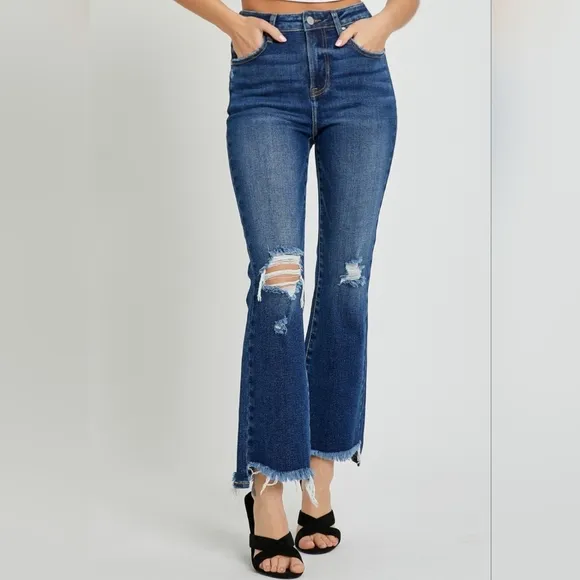 RISEN Slim High-Rise Waist Jeans Distressed Torn Raw Cut-Off Cropped Denim Pants