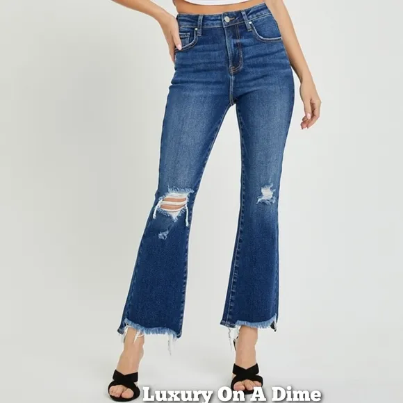 RISEN Slim High-Rise Waist Jeans Distressed Torn Raw Cut-Off Cropped Denim Pants