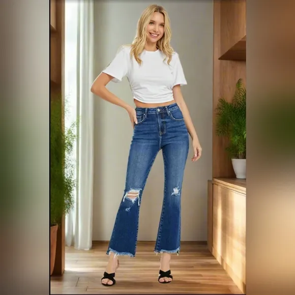 RISEN Slim High-Rise Waist Jeans Distressed Torn Raw Cut-Off Cropped Denim Pants