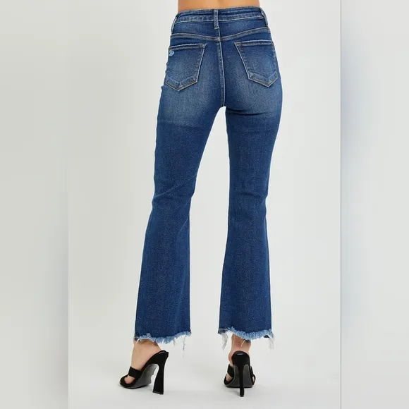 RISEN Slim High-Rise Waist Jeans Distressed Torn Raw Cut-Off Cropped Denim Pants