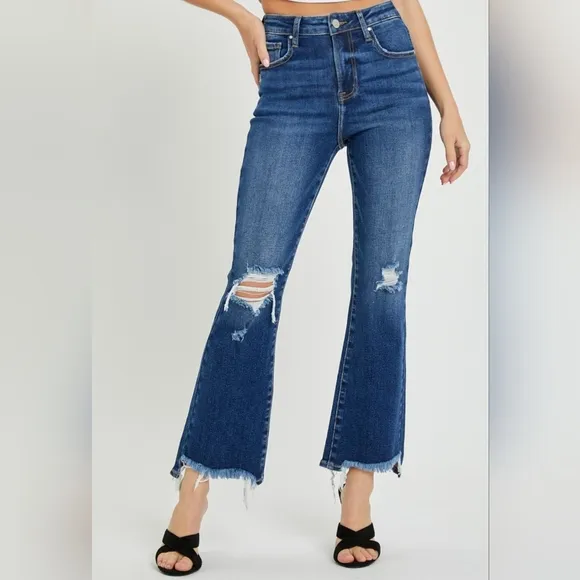 RISEN Slim High-Rise Waist Jeans Distressed Torn Raw Cut-Off Cropped Denim Pants