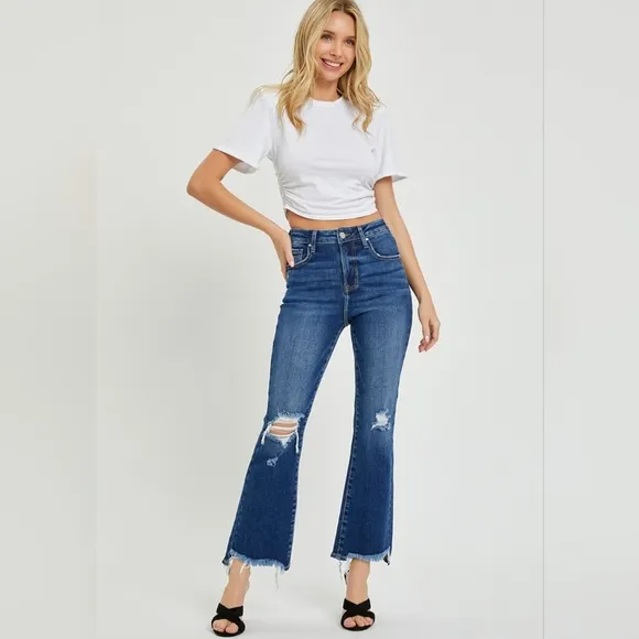 RISEN Slim High-Rise Waist Jeans Distressed Torn Raw Cut-Off Cropped Denim Pants