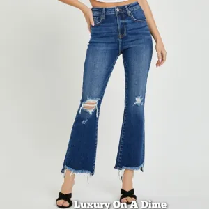 RISEN Slim High-Rise Waist Jeans Distressed Torn Raw Cut-Off Cropped Denim Pants