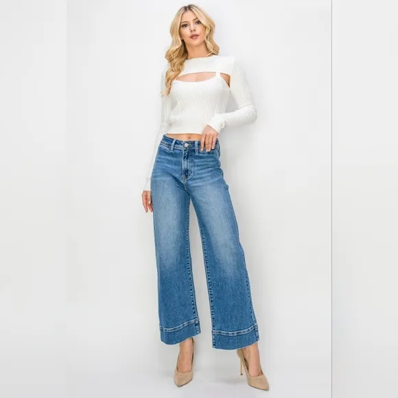 RISEN Wide Leg Flare Bell Bottom High-Rise Waist Jeans Retro Classic Denim Pants