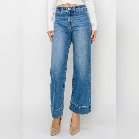RISEN Wide Leg Flare Bell Bottom High-Rise Waist Jeans Retro Classic Denim Pants
