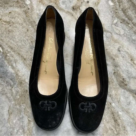 Salvatore Ferragamo Black Suede Shoes Embroidered Logo UK 5 1/2