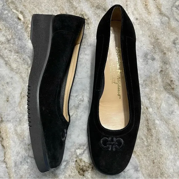 Salvatore Ferragamo Black Suede Shoes Embroidered Logo UK 5 1/2
