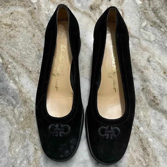 Salvatore Ferragamo Black Suede Shoes Embroidered Logo UK 5 1/2