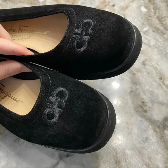 Salvatore Ferragamo Black Suede Shoes Embroidered Logo UK 5 1/2