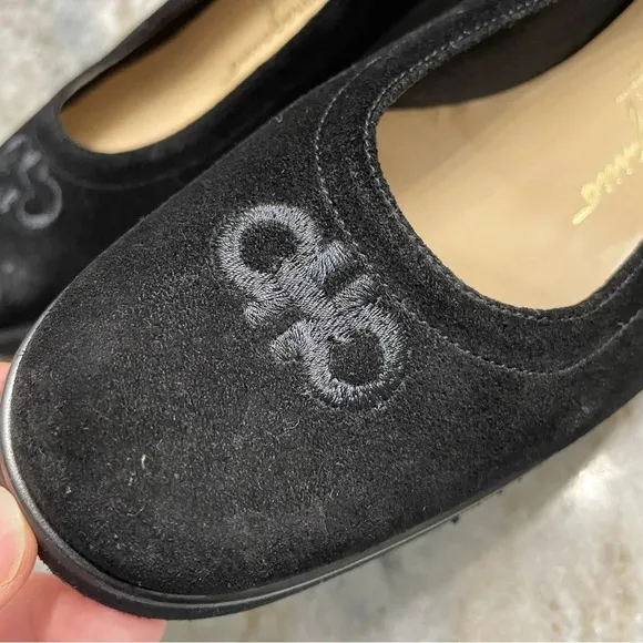 Salvatore Ferragamo Black Suede Shoes Embroidered Logo UK 5 1/2