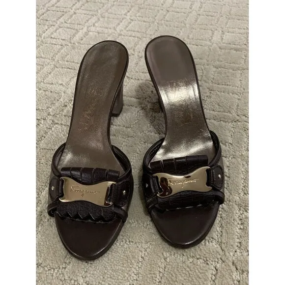 Salvatore‎ Ferragamo Brown/Metallic Grey Leather Fringe Slide Sandals Size 7